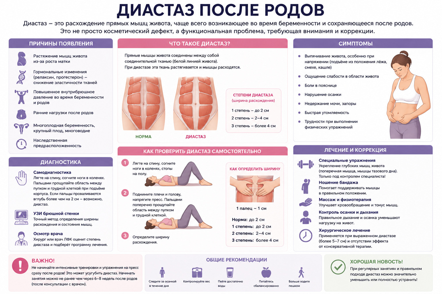 Диастаз после родов: причины, симптомы, диагностика, методы лечение